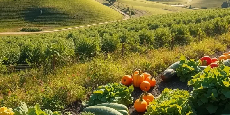 A scenic orchard with diverse fruits and vegetables basking in sunlight.