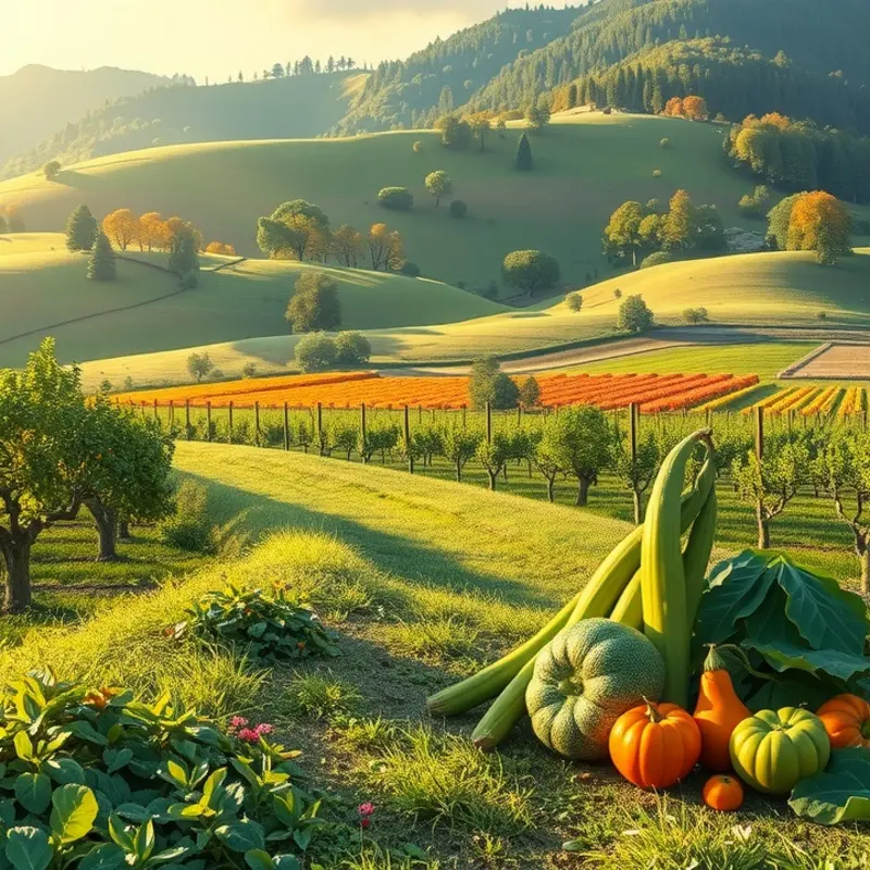 A lush sunlit orchard showcasing vibrant organic produce.