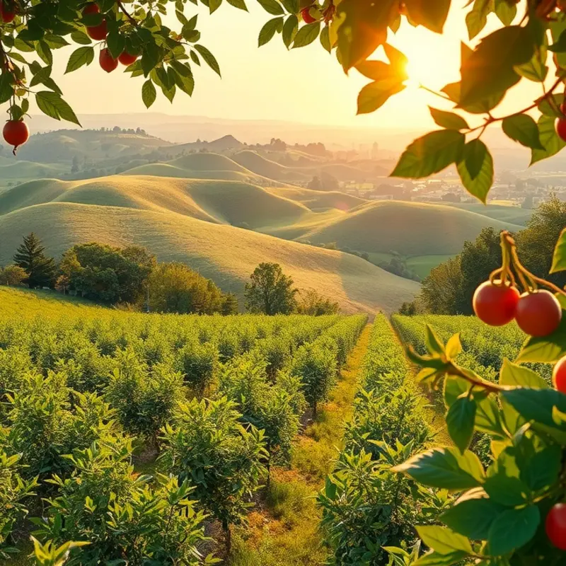 A sunlit orchard filled with vibrant fruits and vegetables, symbolizing the freshness of mindful eating.