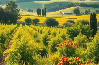 Sunlit field rich with organic vegetables and fruits in a beautiful natural setting.