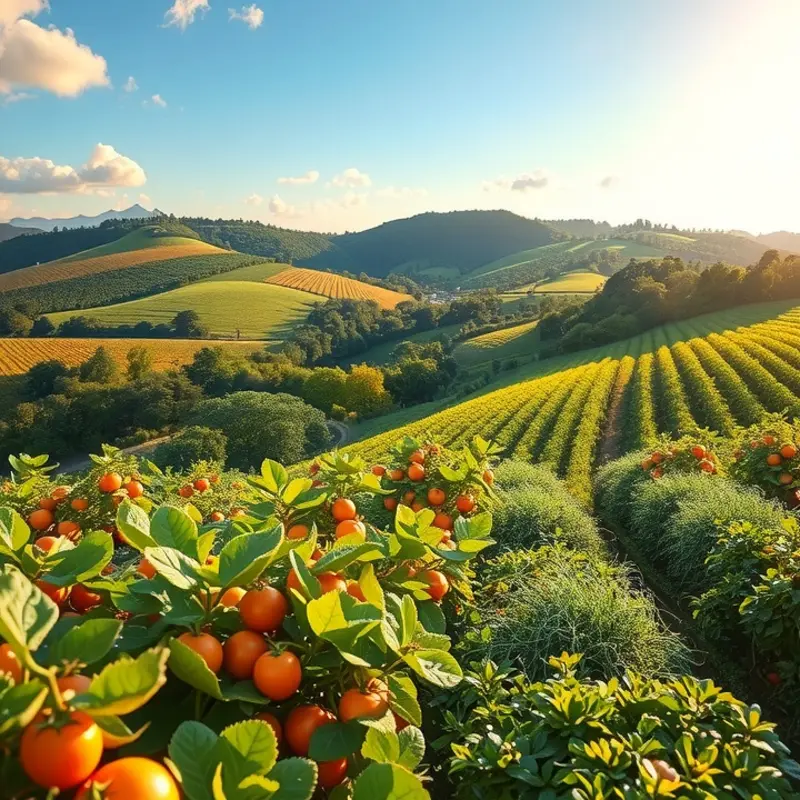 A sunlit orchard showcasing vibrant vegetables and fruits.