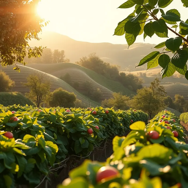 A sunlit field brimming with vibrant vegetables and fruits, symbolizing the abundance of healthy nutrition.