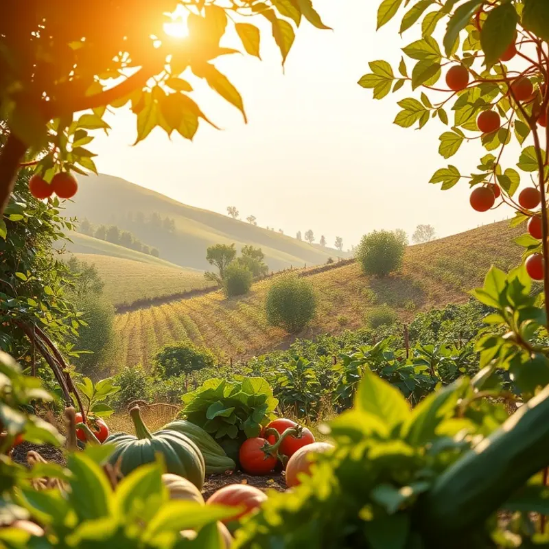 A sunlit orchard abundant with fresh, vibrant vegetables.