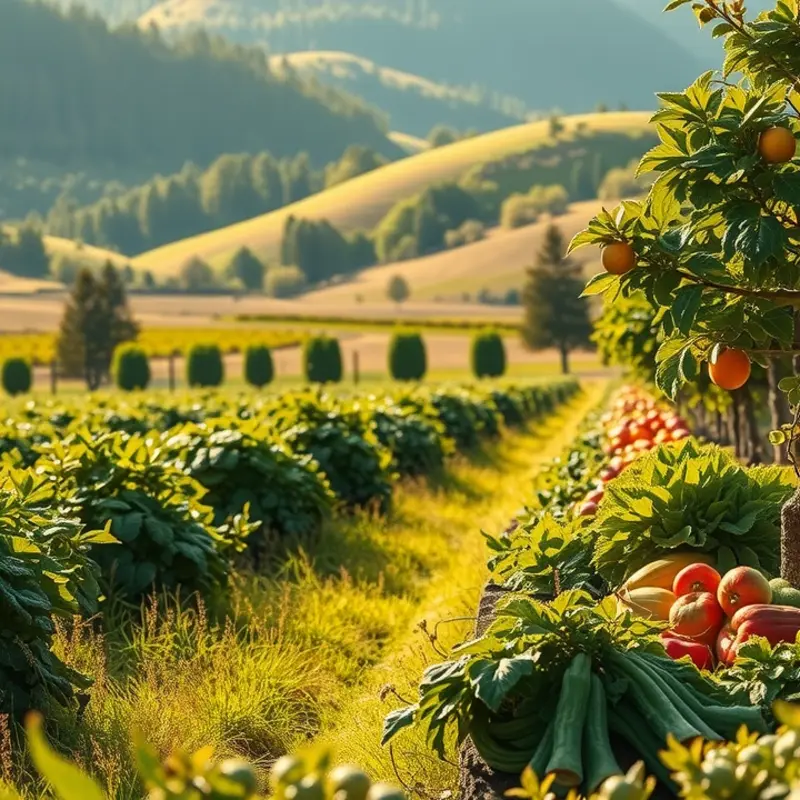 A sunlit orchard filled with vibrant vegetables and fruits, depicting the abundance of organic produce.