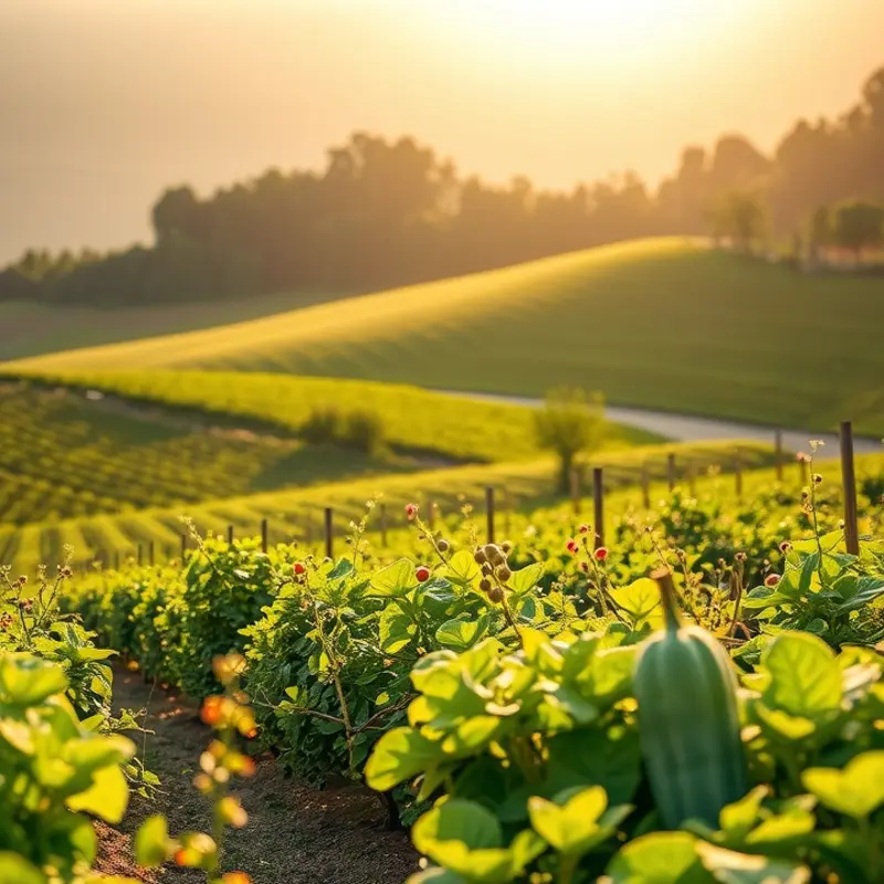 A vibrant orchard displaying a variety of fruits and vegetables in a natural, sunlit setting.