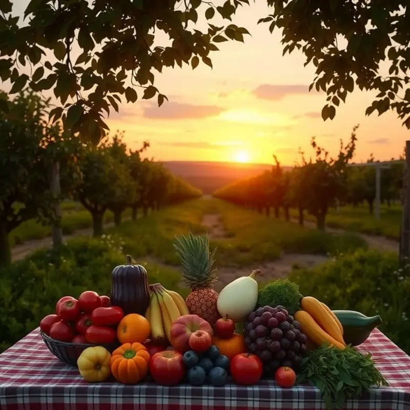 A sunlit field showing the abundance of organic fruits and vegetables.