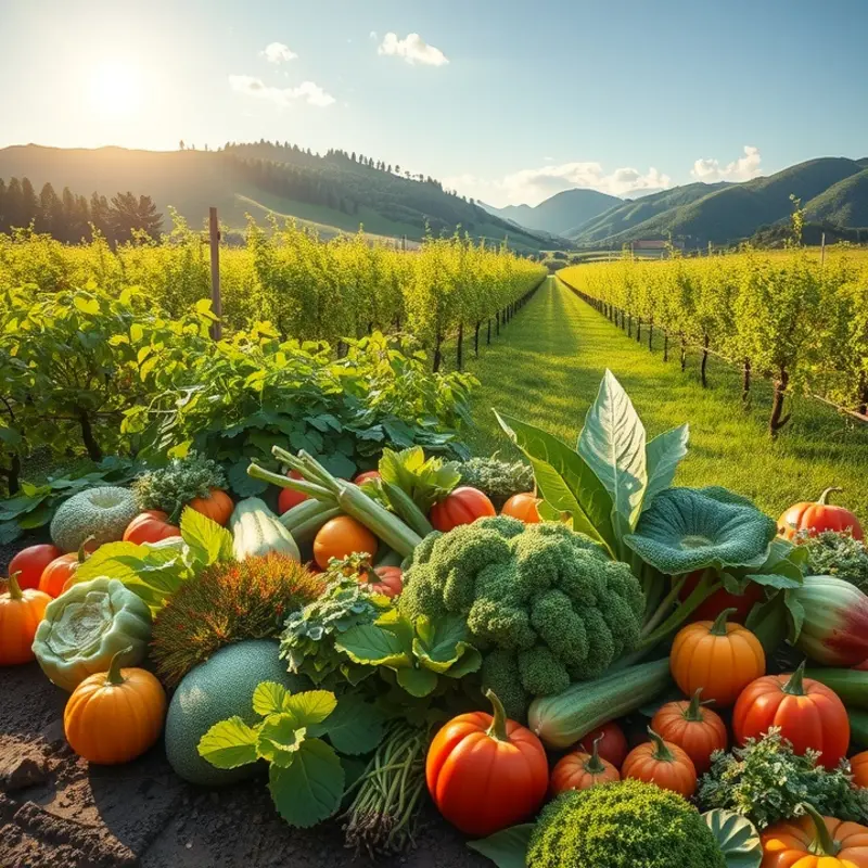 A vibrant sunlit field brimming with fresh vegetables, symbolizing plant-based abundance.