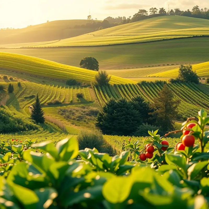 A vibrant display of fresh vegetables and fruits in a natural landscape.