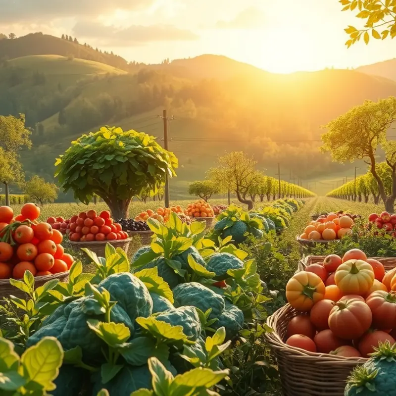 A sunlit field showcasing organic vegetables and fruits that embody pure, healthy nutrition.