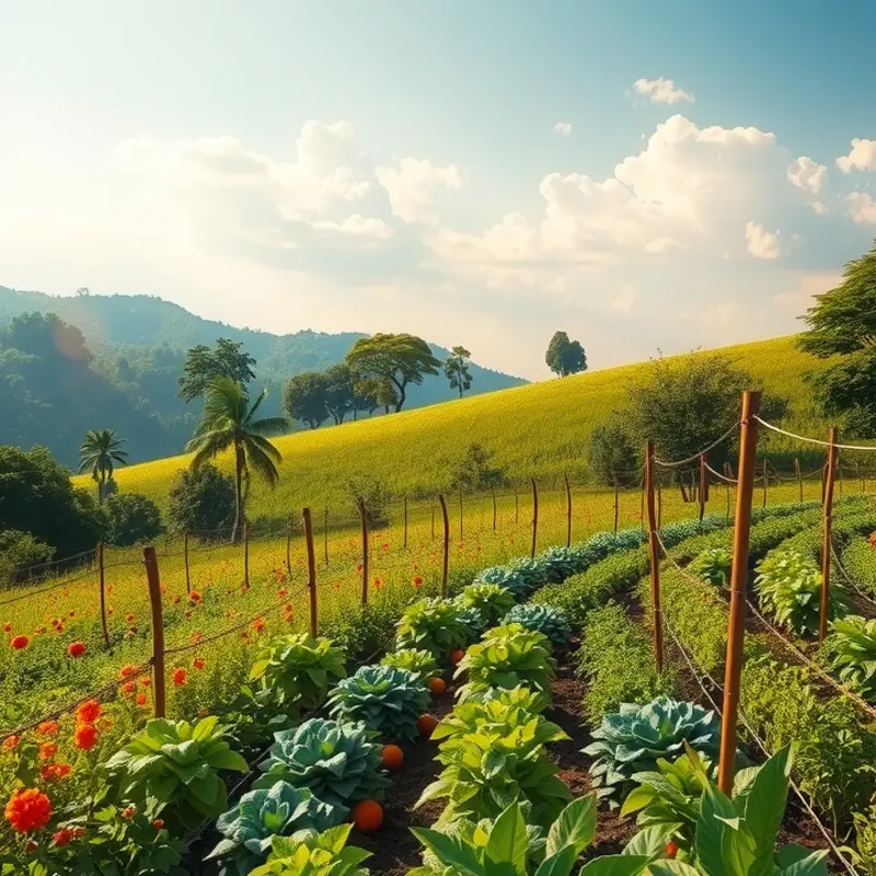 A serene sunlit field full of vibrant, organic produce, symbolizing health and natural foods.