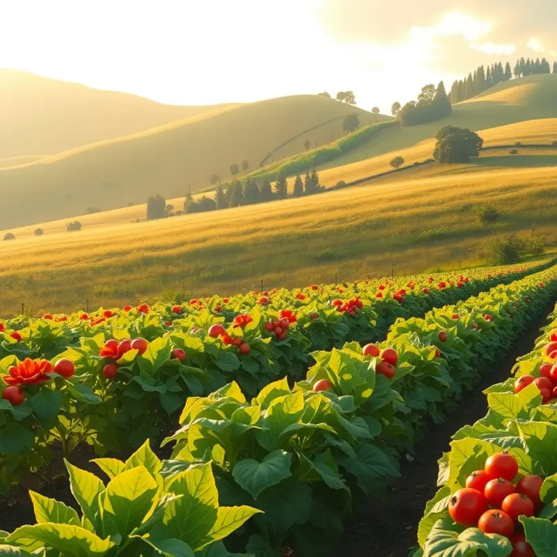 A sunlit field showcasing the abundance of organic fruits and vegetables.