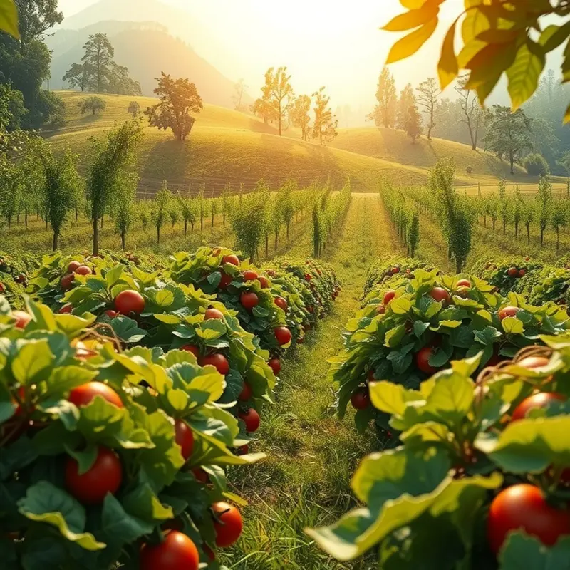 A sunlit field filled with vibrant vegetables and fruits, symbolizing the abundance of a vegan keto diet.