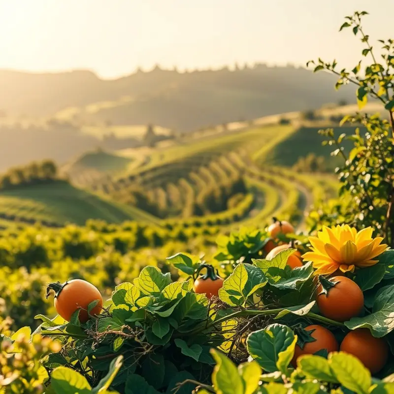 A sunlit field filled with vibrant vegetables and fruits, symbolizing the abundance of a vegan keto diet.