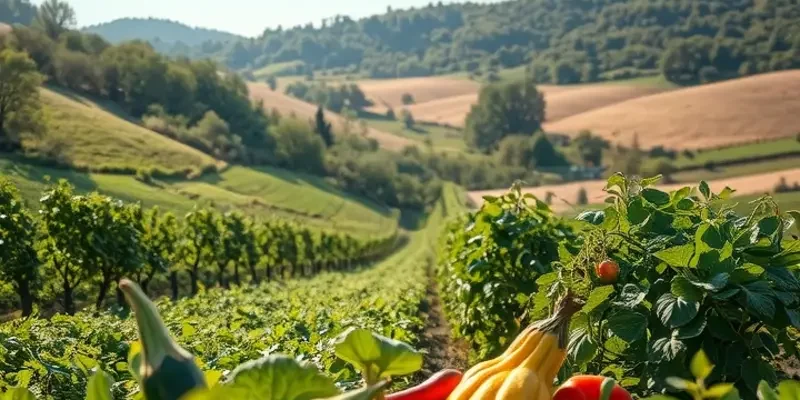 A picturesque sunlit orchard filled with diverse fruits and vegetables, highlighting nutritional abundance.