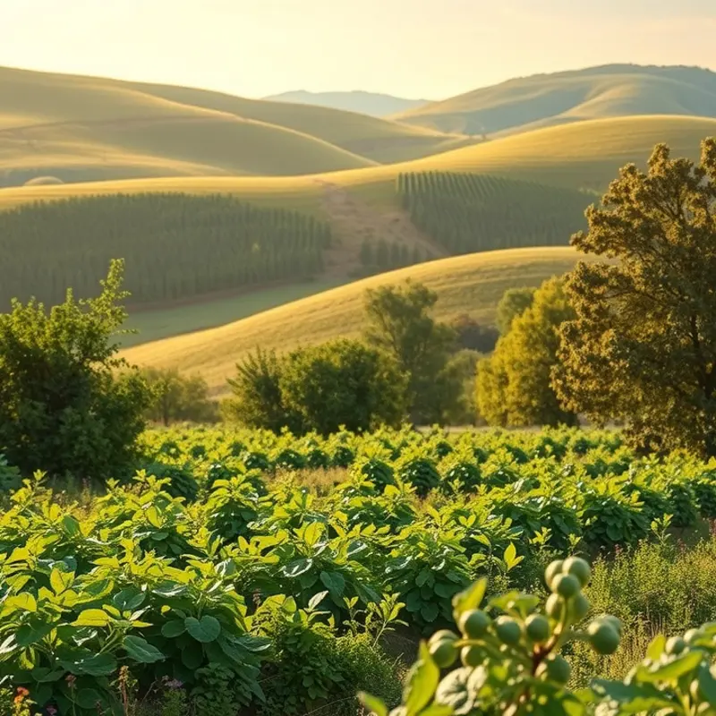 A vibrant field filled with assorted fruits and vegetables basking in sunlight.