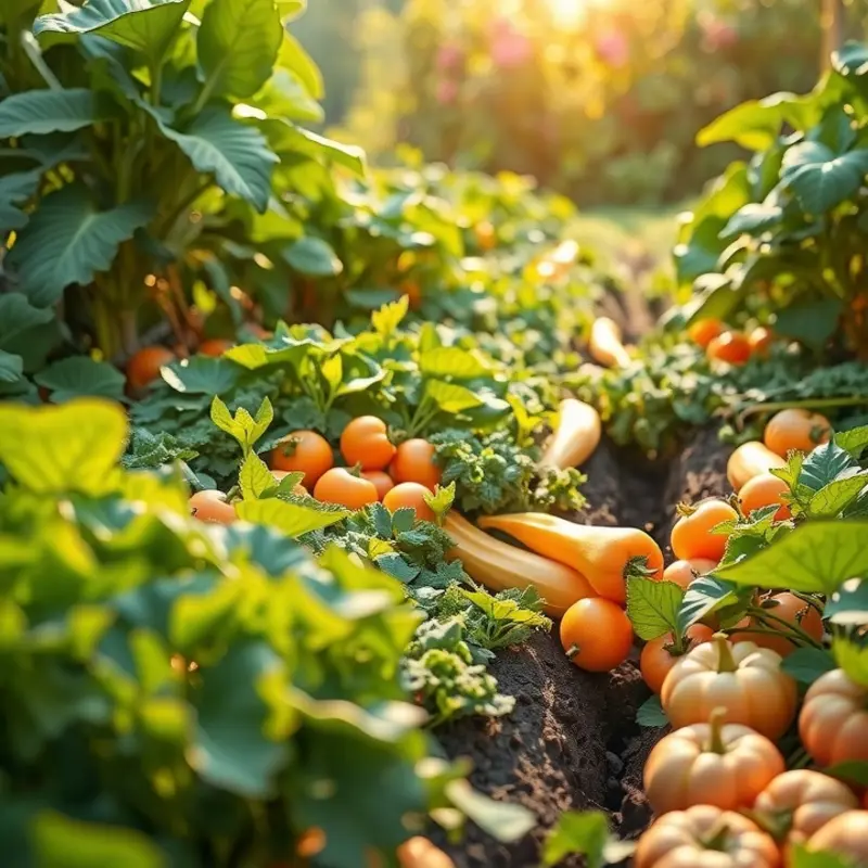 A sunlit garden full of vibrant produce, symbolizing freshness and abundance.