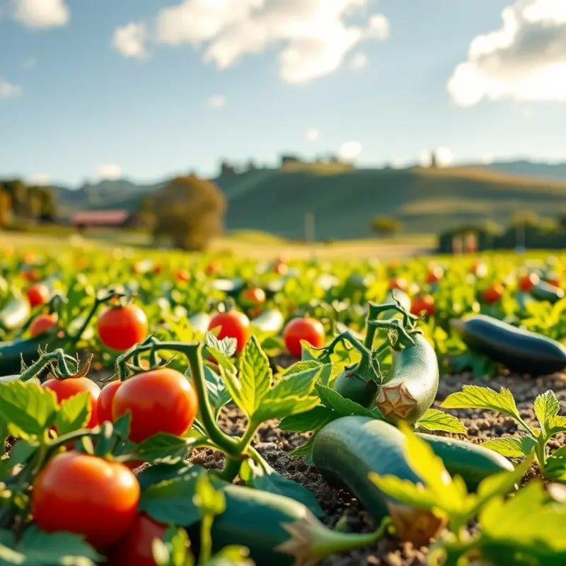 A sunlit field abundant in vibrant vegetables characteristic of Lebanese cuisine.