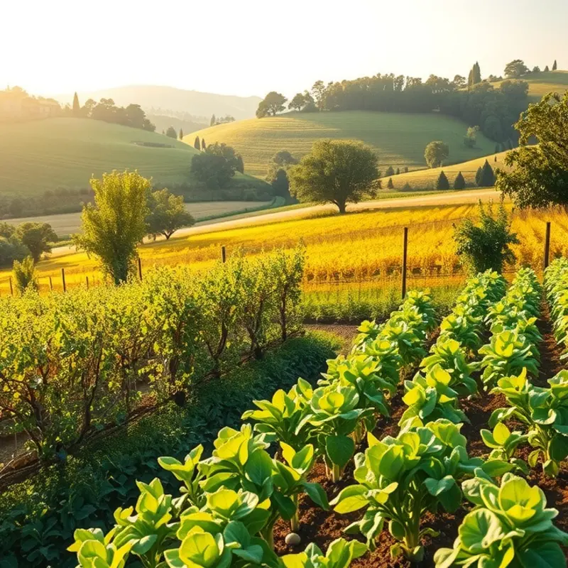 A serene sunlit field showcasing vibrant organic produce.