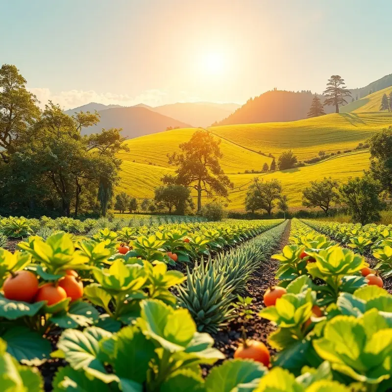 A sunlit orchard filled with vibrant vegetables and fruits representing the bounty of global cuisines.