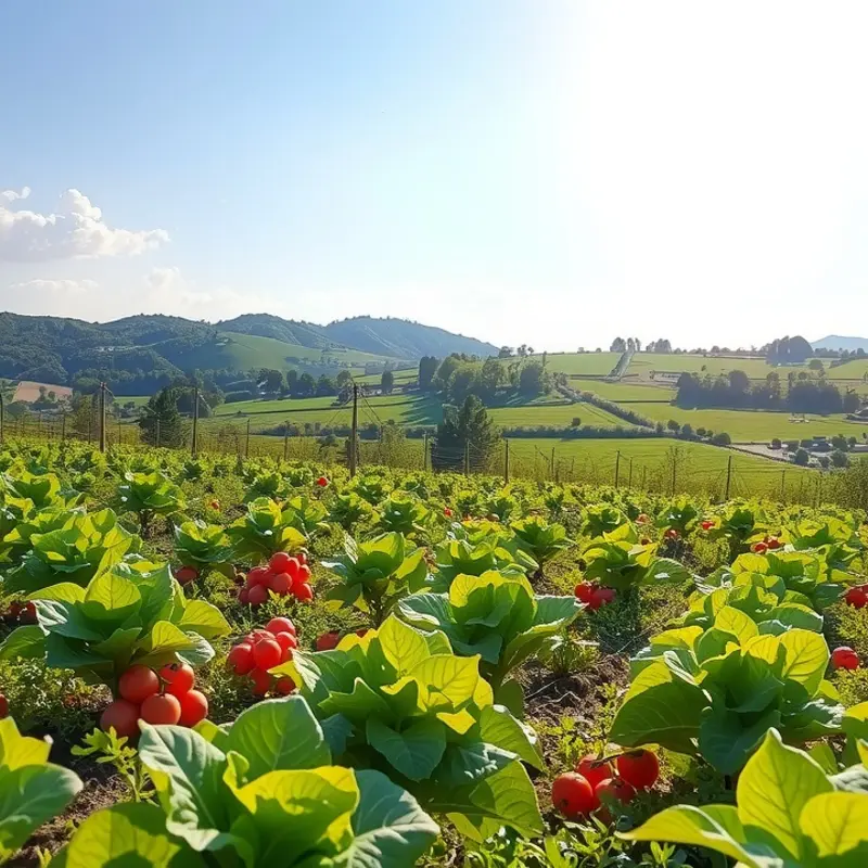 A sunlit orchard filled with vibrant vegetables and fruits, exemplifying freshness and abundance.