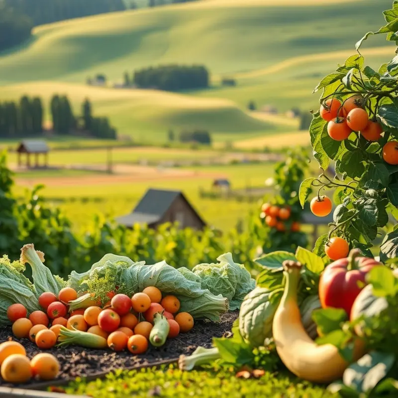 A sunlit landscape showcasing the abundance of organic produce in its natural setting.
