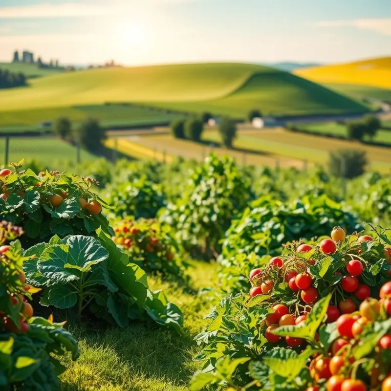 A lush field filled with vibrant fruits and vegetables, symbolizing healthy nutrition.
