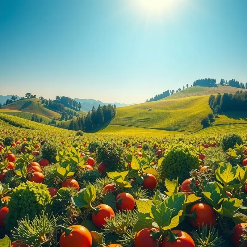 A lush field showcasing organic vegetables and fruits basking in sunlight.