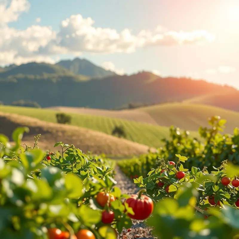 A sunlit field showcasing an abundance of organic vegetables and fruits.