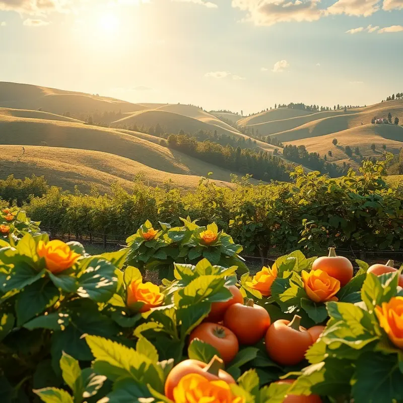 A sunlit orchard full of vibrant fruits and vegetables.