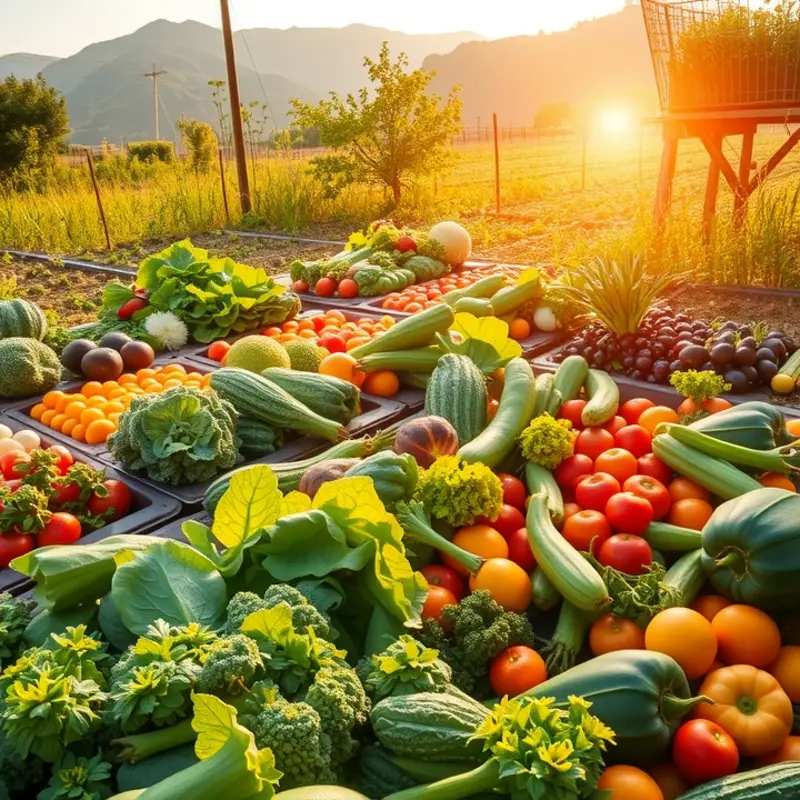 A sunlit field showcasing an abundance of vibrant vegetables and fruits.