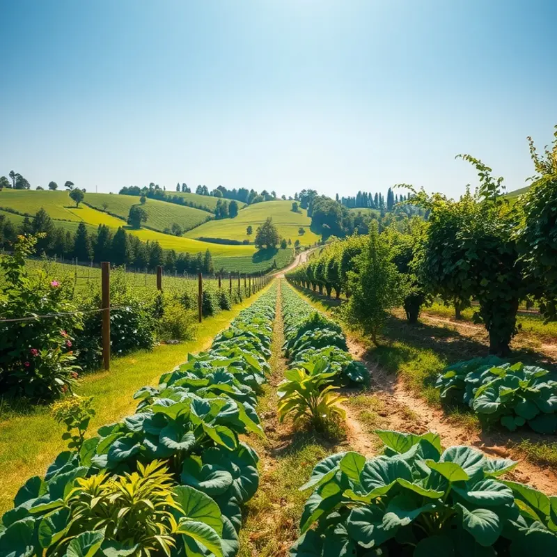 A lush sunlit orchard showcasing vibrant organic produce.