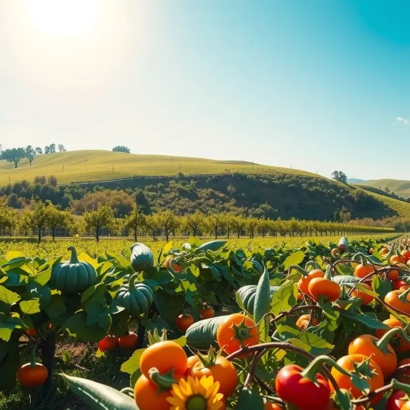 A vibrant orchard filled with fresh fruits and vegetables bathed in soft sunlight.