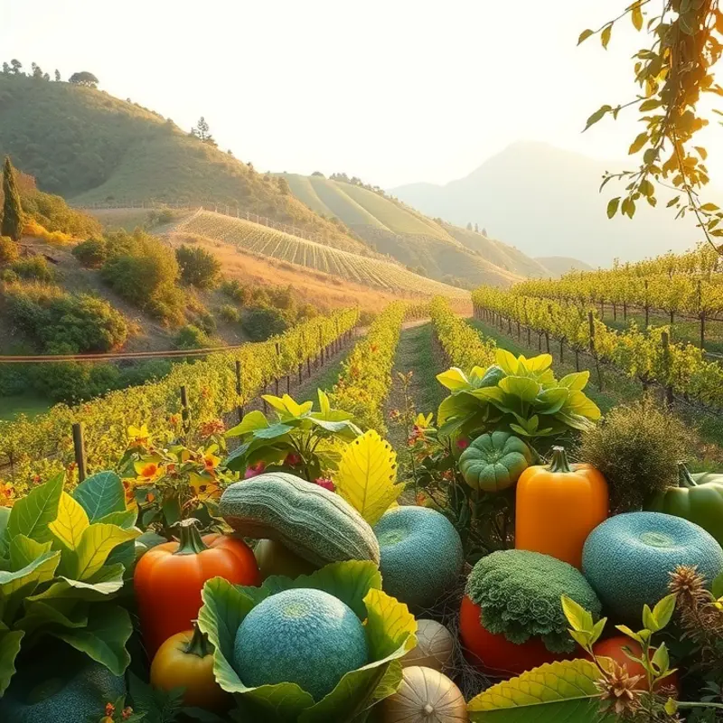 A sunlit orchard brimming with fresh vegetables and fruits.