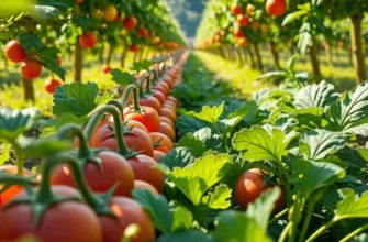 A scenic view of an orchard filled with vibrant, fresh vegetables under warm light.