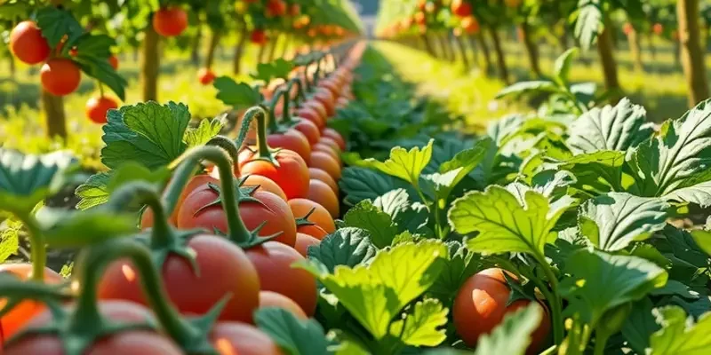 A scenic view of an orchard filled with vibrant, fresh vegetables under warm light.