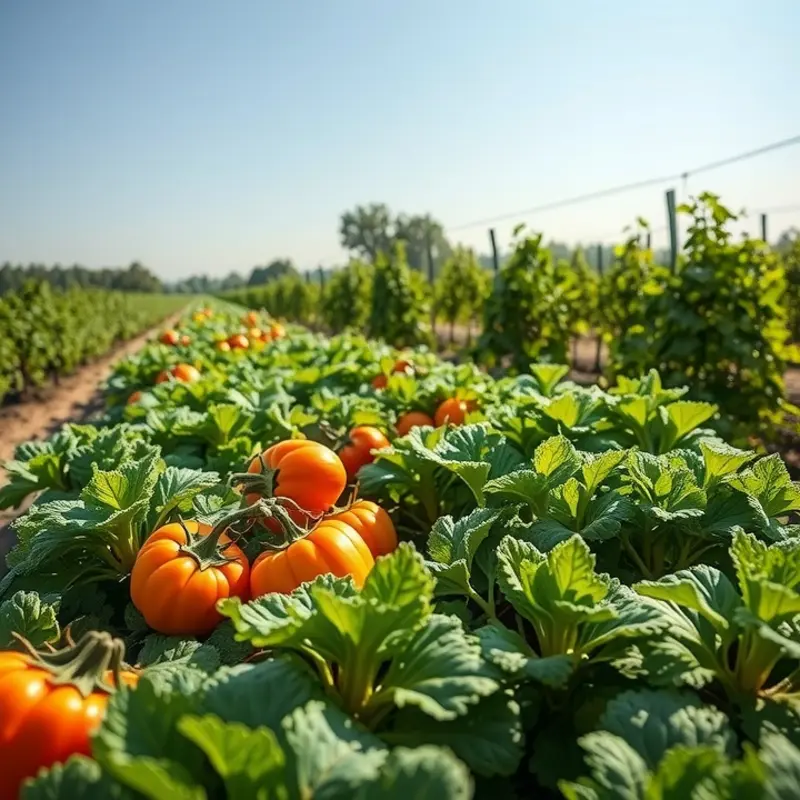 A picturesque orchard brimming with vibrant vegetables under warm sunlight.