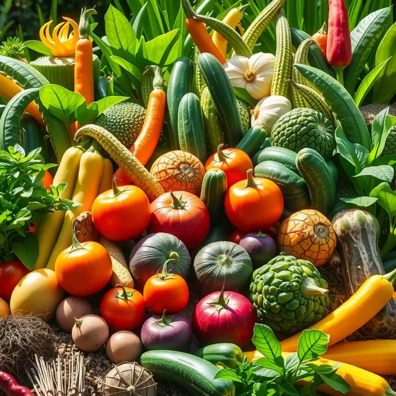 A vibrant display of fresh vegetables and fruits growing naturally in a sunlit orchard.