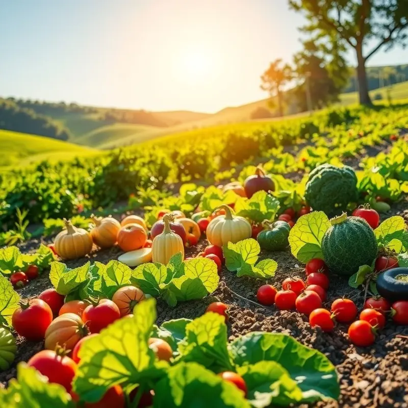 A beautiful sunlit field brimming with organic vegetables and fruits, representing the natural bounty celebrated in many Asian desserts.