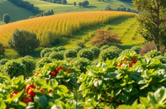 Photorealistic landscape of an orchard full of vibrant fruits and vegetables.
