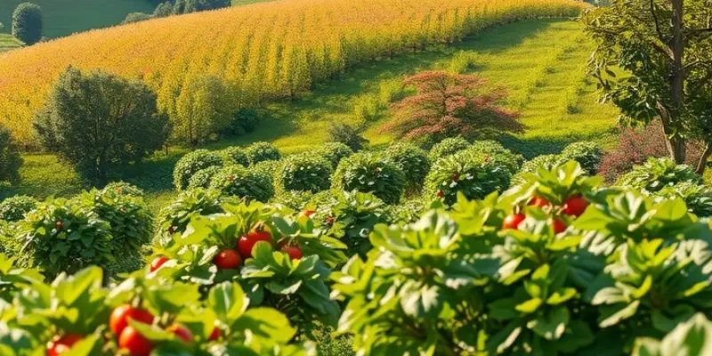 Photorealistic landscape of an orchard full of vibrant fruits and vegetables.