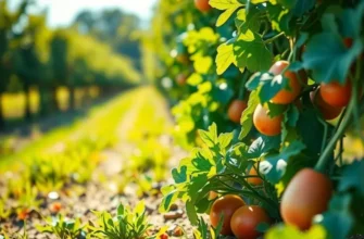 A serene sunny landscape with an abundance of vibrant organic vegetables and fruits.