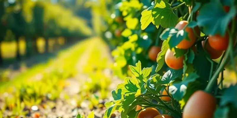 A serene sunny landscape with an abundance of vibrant organic vegetables and fruits.