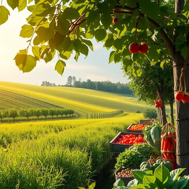 A serene sunlit orchard filled with vibrant produce, symbolizing the natural ingredients for baking.
