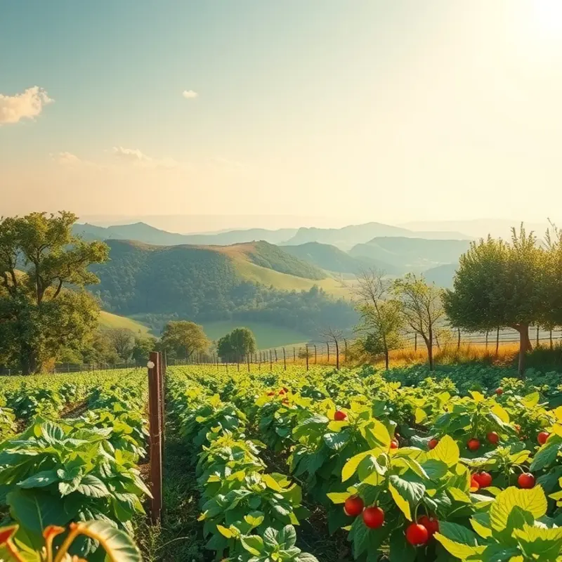 A sunlit landscape showcasing vibrant fruits and vegetables thriving in nature.