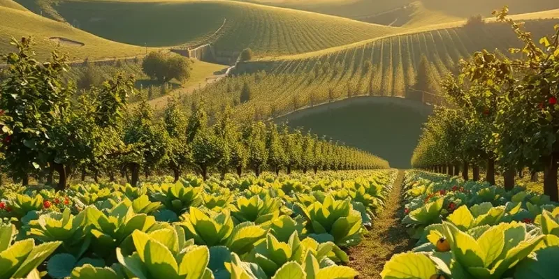 A vibrant sunlit landscape capturing the essence of fresh organic produce and healthy nutrition.