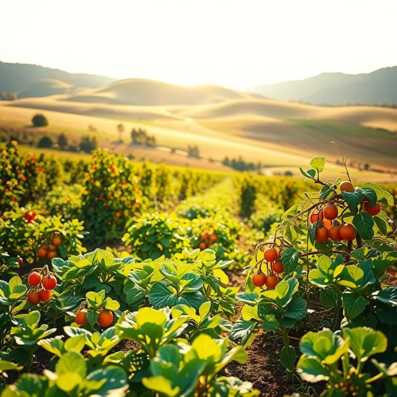 A peaceful sunlit field showcasing the lush abundance of organic produce.