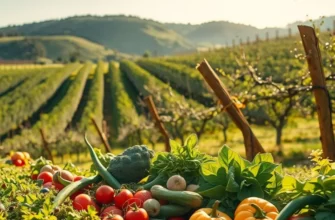 A vibrant field filled with a variety of fresh vegetables and fruits under sunlight.