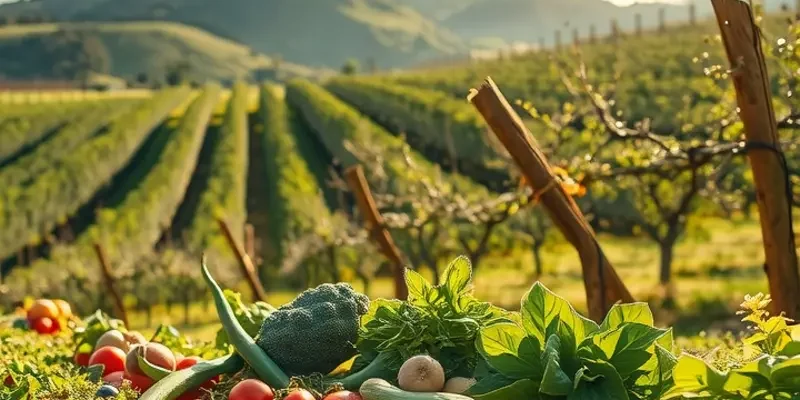 A vibrant field filled with a variety of fresh vegetables and fruits under sunlight.