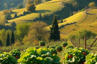 Sunlit field with organic vegetables and fruits among lush greenery.