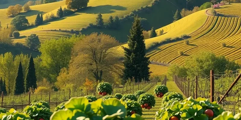 Sunlit field with organic vegetables and fruits among lush greenery.